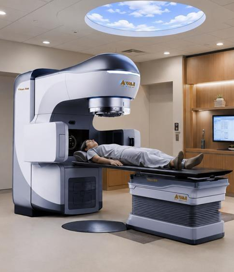 Sala clínica com o TITAN 6M e paciente posicionado na mesa